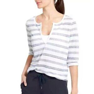 Athleta Zephyr White Blue Striped V-neck Linen Top